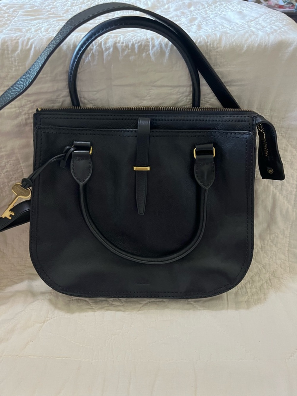 Fossil Black Leather Satchel with Gold Accents